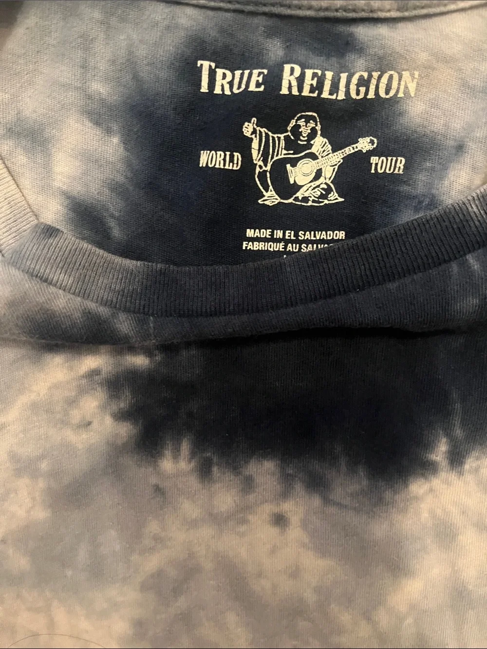 True Religion Navy and White Tie-Dye Tee with Red Logo, size Large